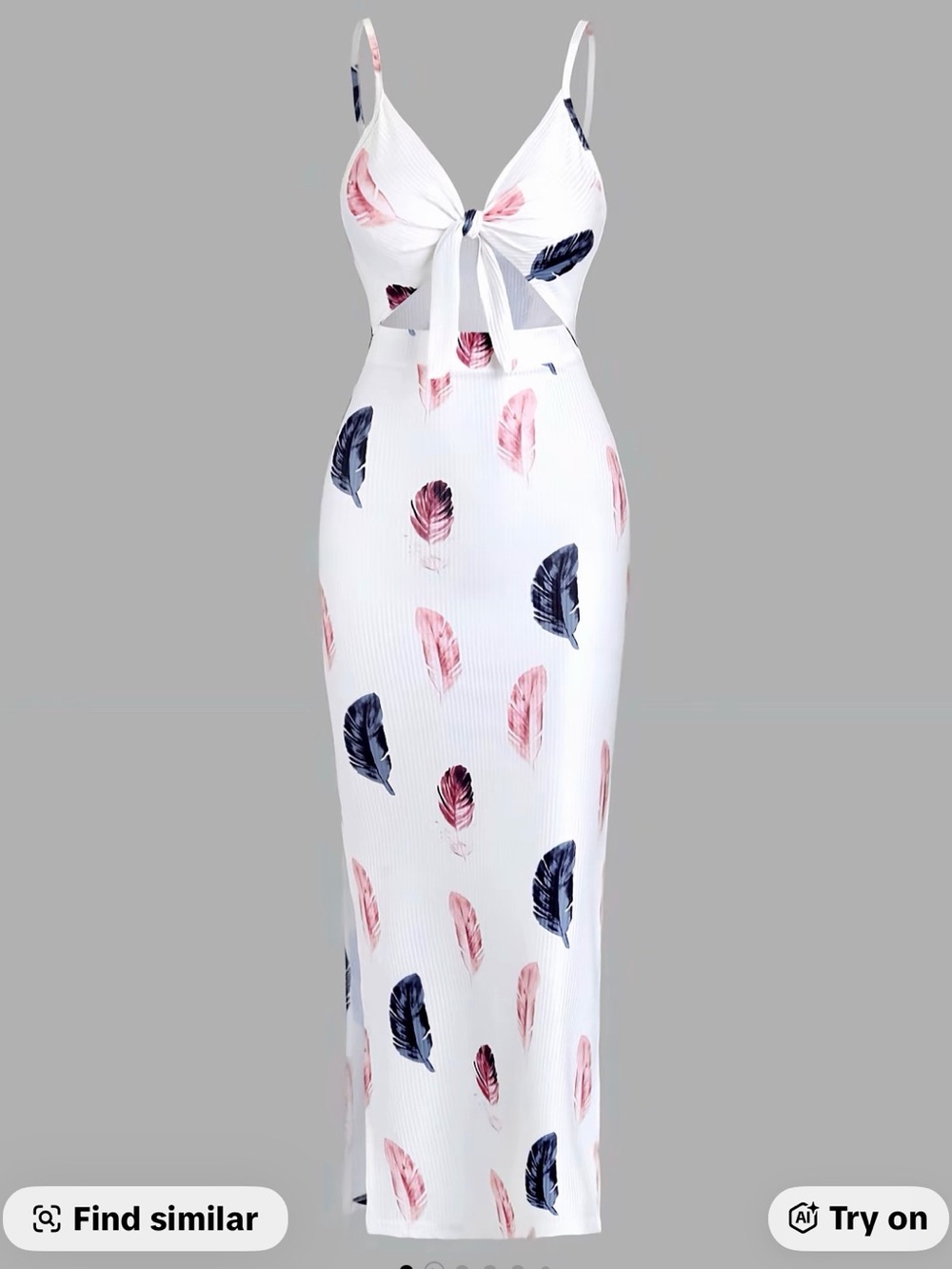 White Ribbed Maxi Dress with Pink and Black Feather Print
